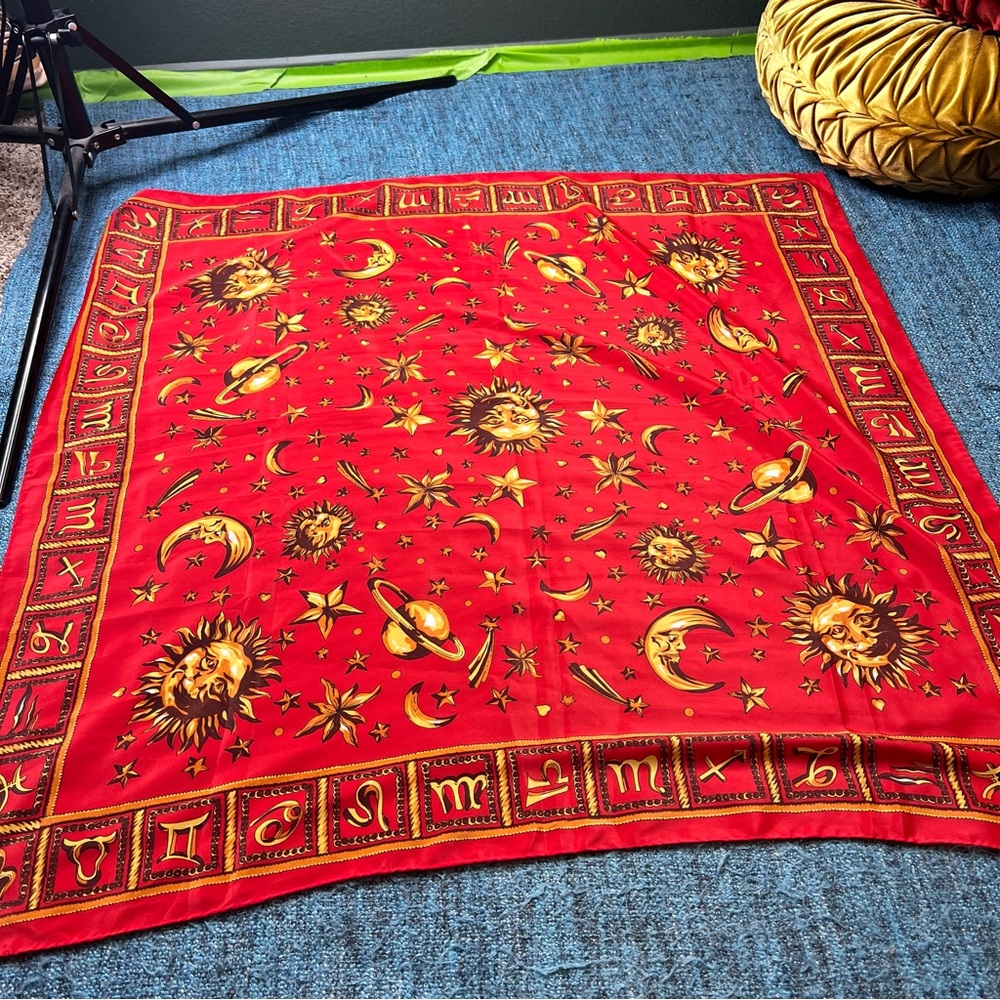 Vintage Astrology Zodiac Sun Moon Stars Printed Scarf in Red Gold 34" x 35"